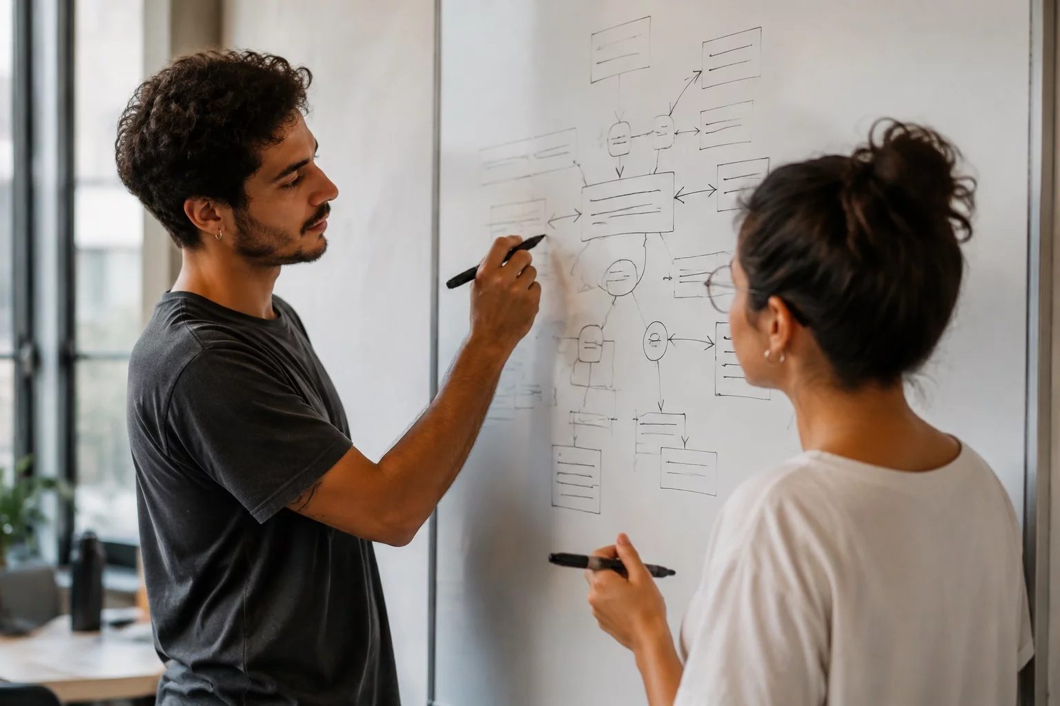 Duas pessoas diante de um quadro branco com um mapa de argumento desenhado à mão