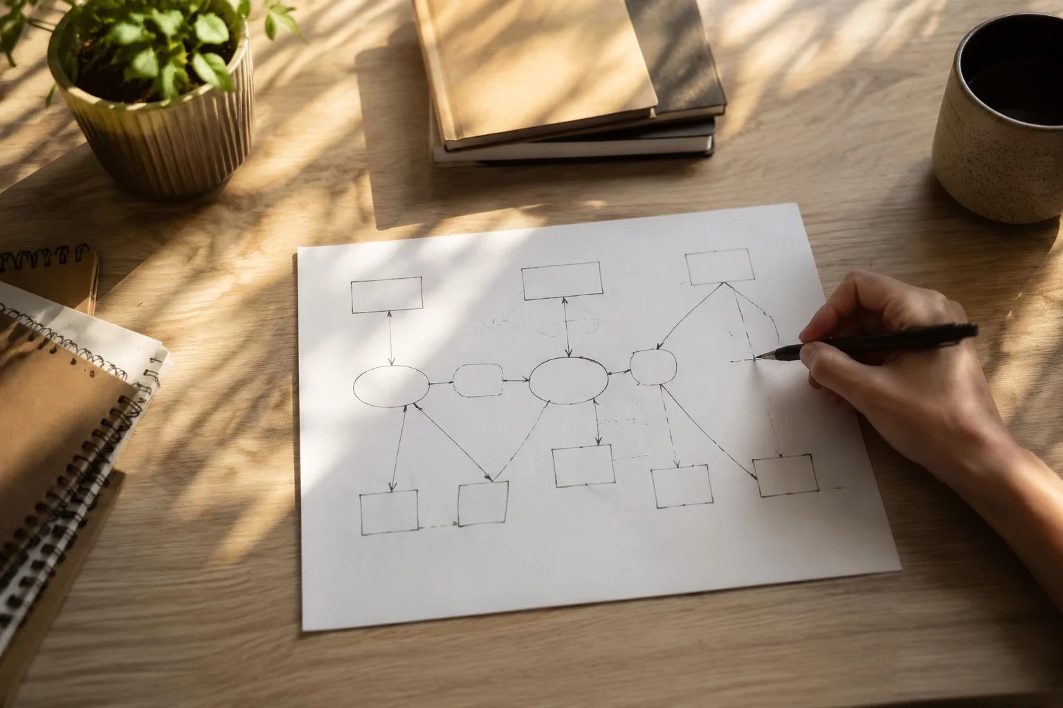 Vista de cima de uma mesa com um diagrama de lógica desenhado à mão