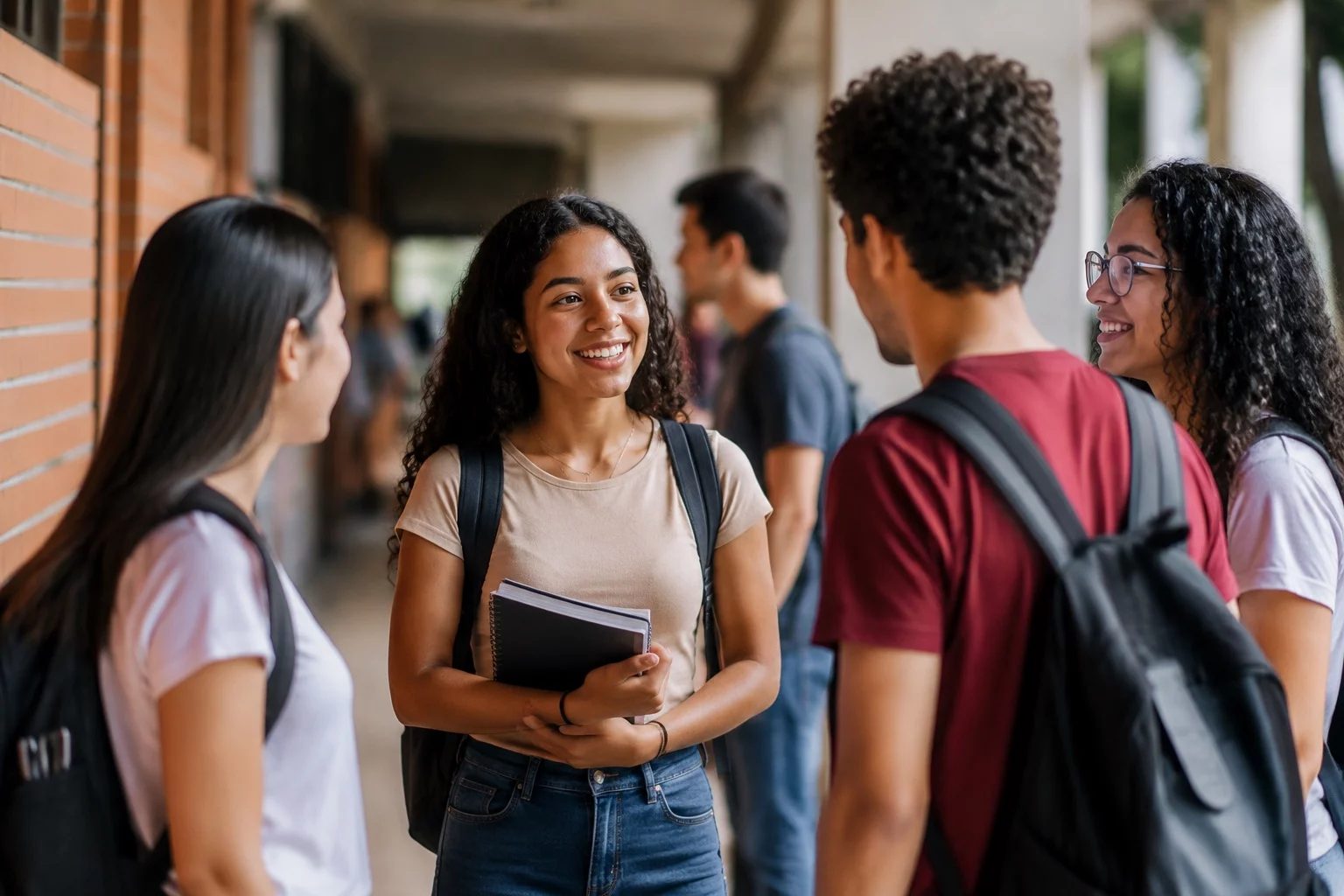 Estudantes com mochilas conversando no corredor de uma universidade