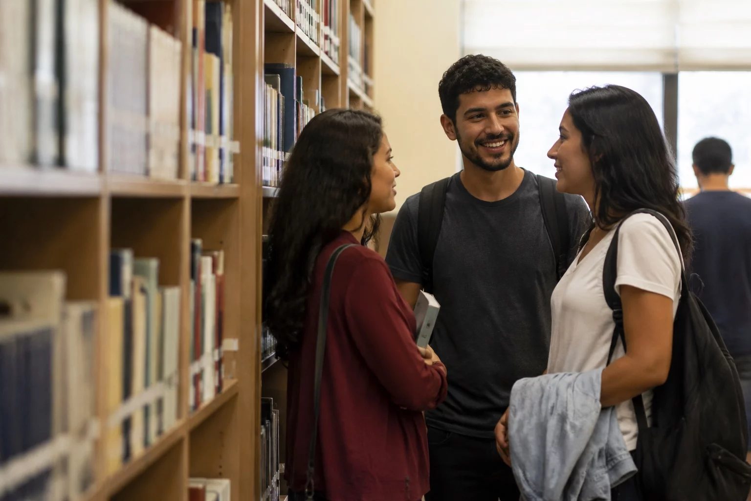 Estudantes conversando em pé entre as estantes de uma biblioteca