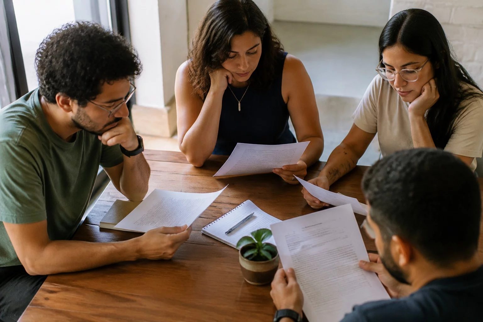 Grupo pequeno lendo páginas impressas de argumentos ao redor de uma mesa