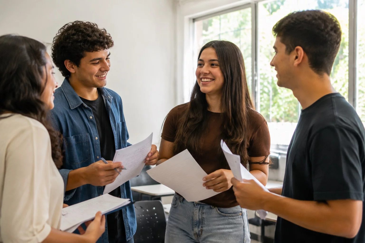 Grupo sorrindo após uma rodada de debate, com papéis nas mãos